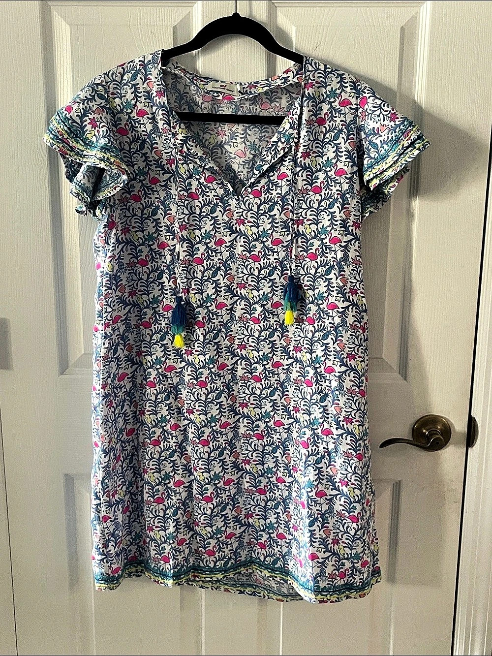 vineyard vines Floral Flamingo Linen Tunic Dress Blue & Pink Medium